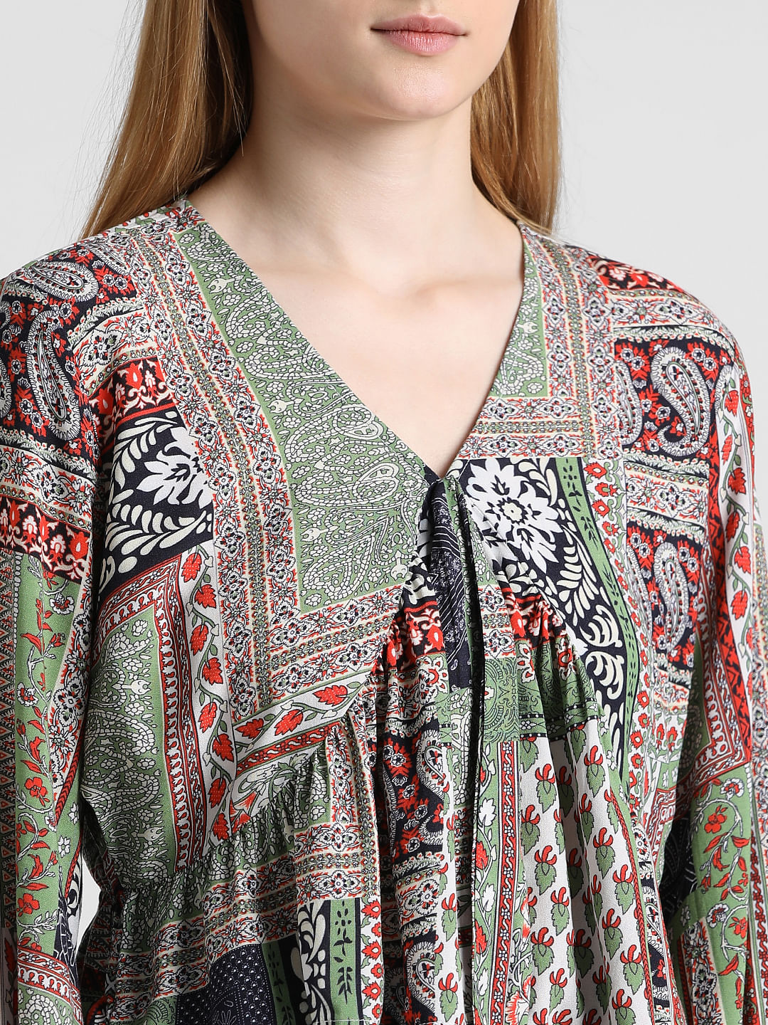 Green Printed V-Neck Top