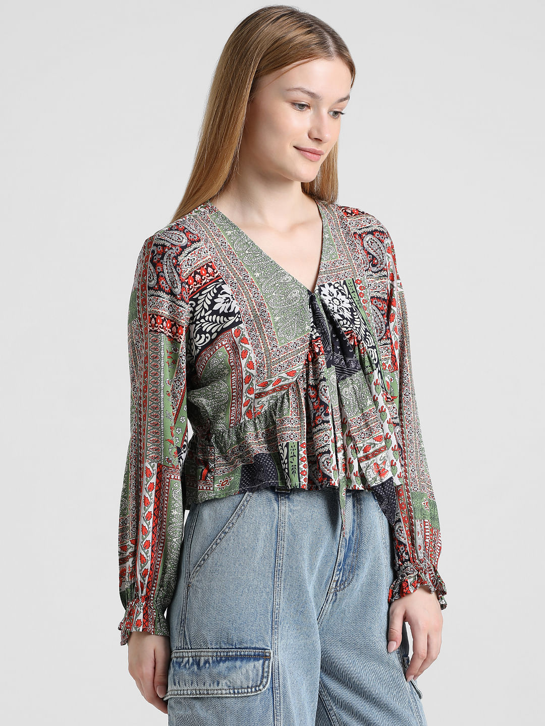 Green Printed V-Neck Top