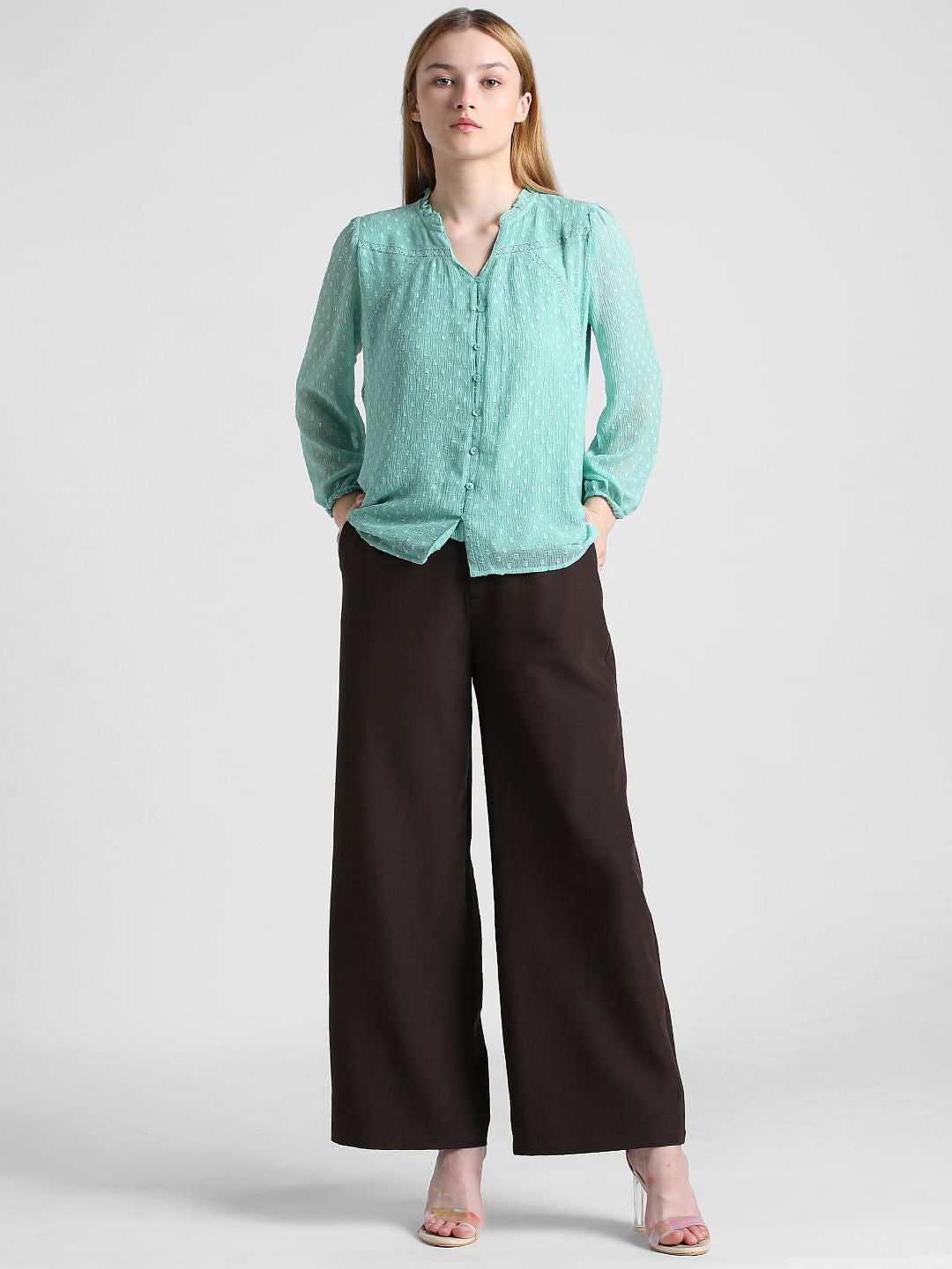 Green Lace Insert V-Neck Top