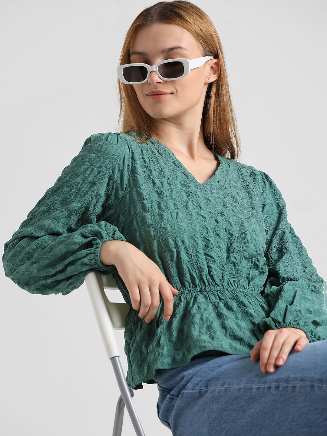 Green Textured Peplum Top