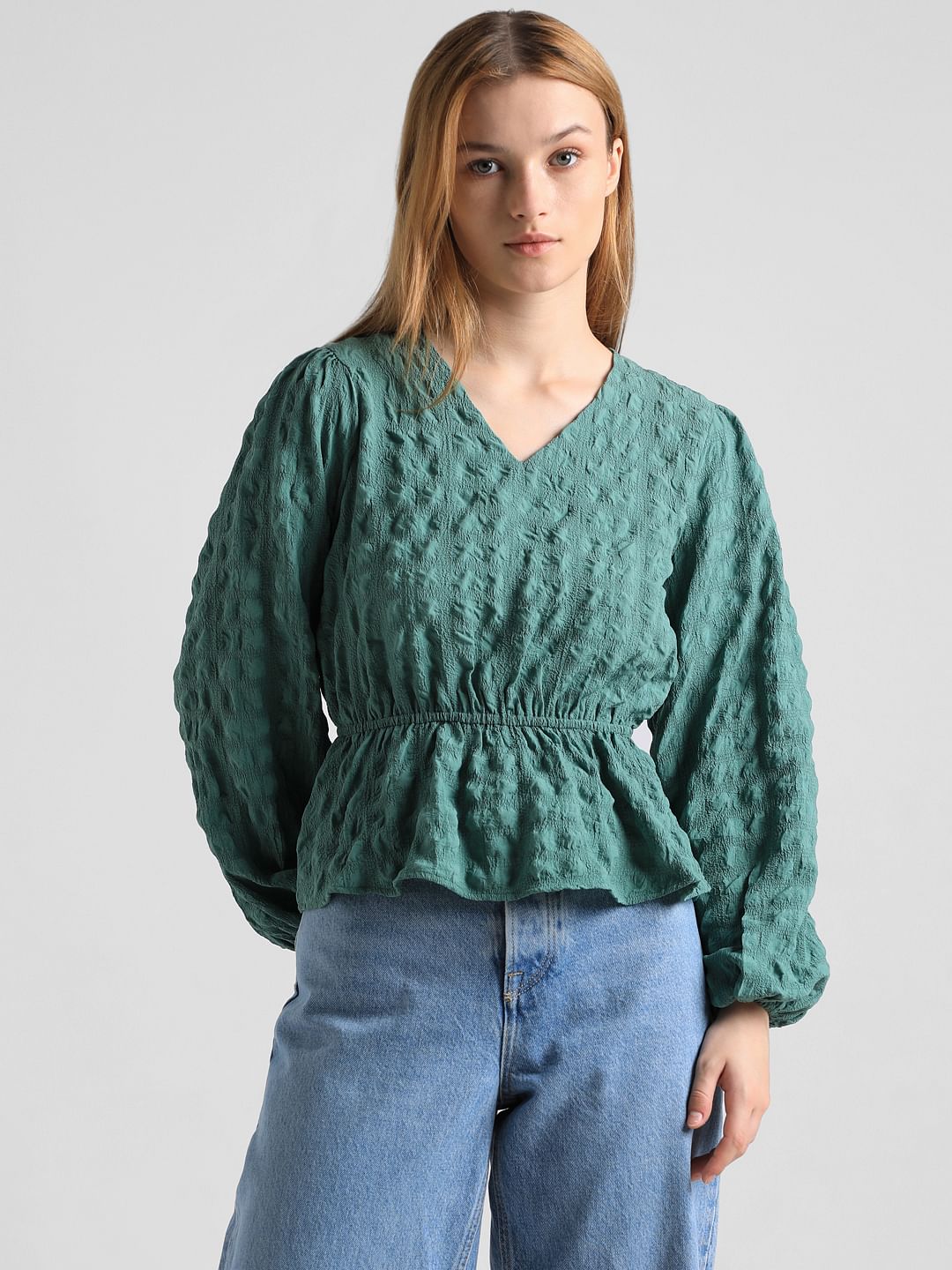 Green Textured Peplum Top