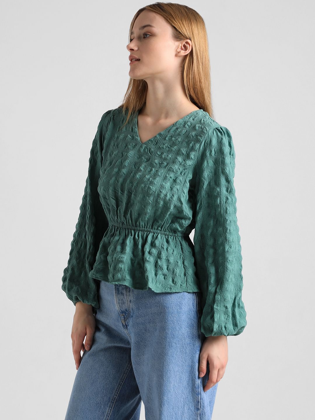 Green Textured Peplum Top