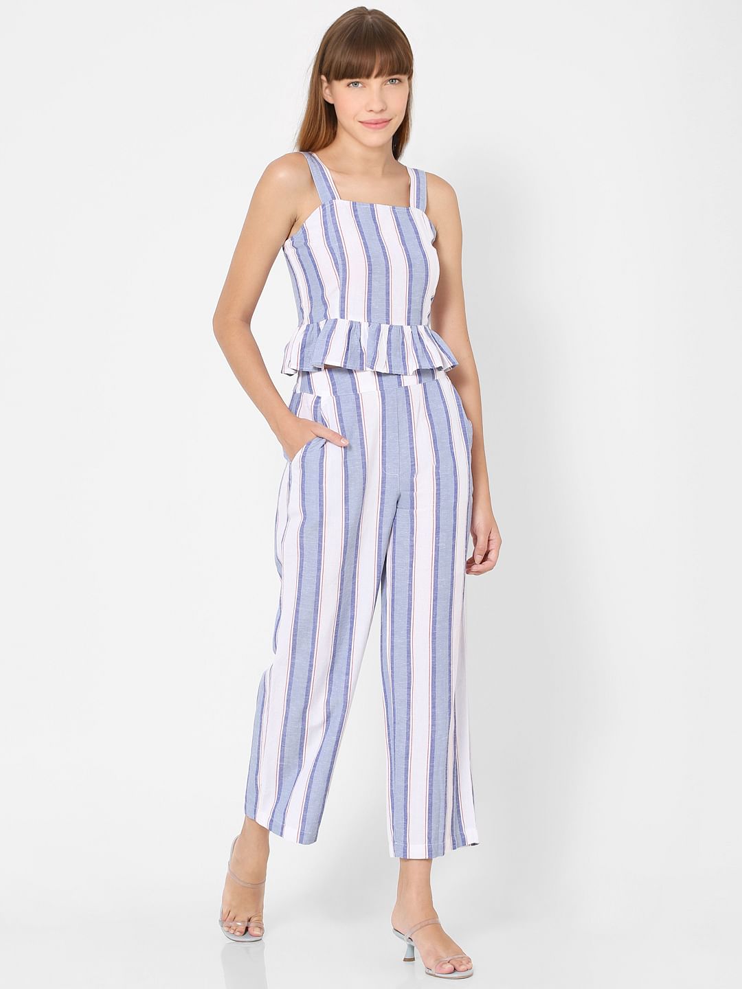 Blue Mid Rise Striped Palazzo Pants