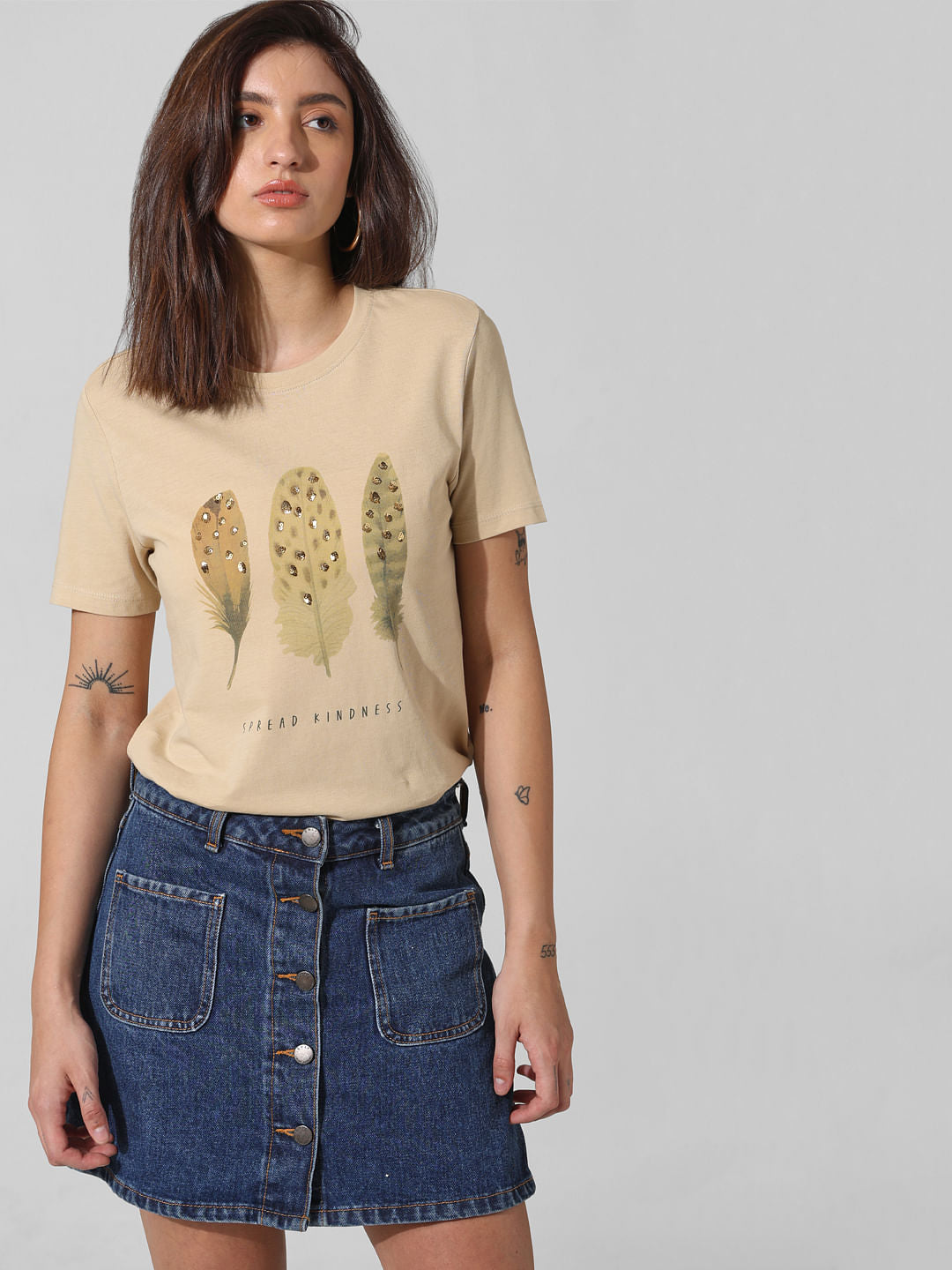 Beige Sequin Printed T-Shirt