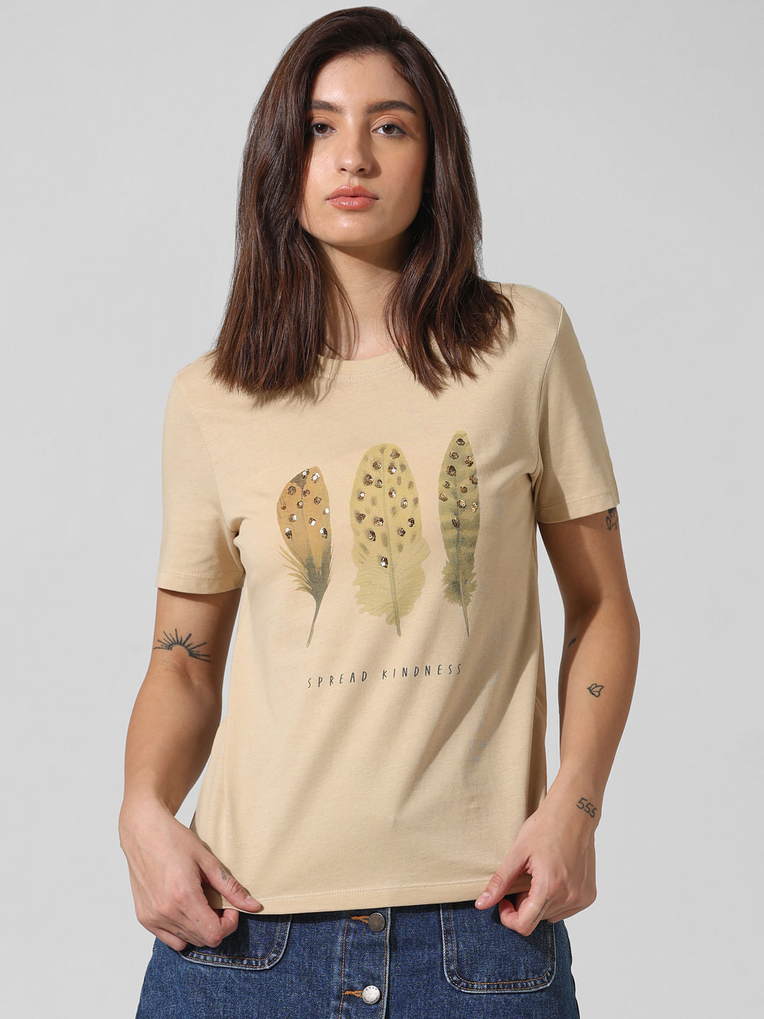 Beige Sequin Printed T-Shirt