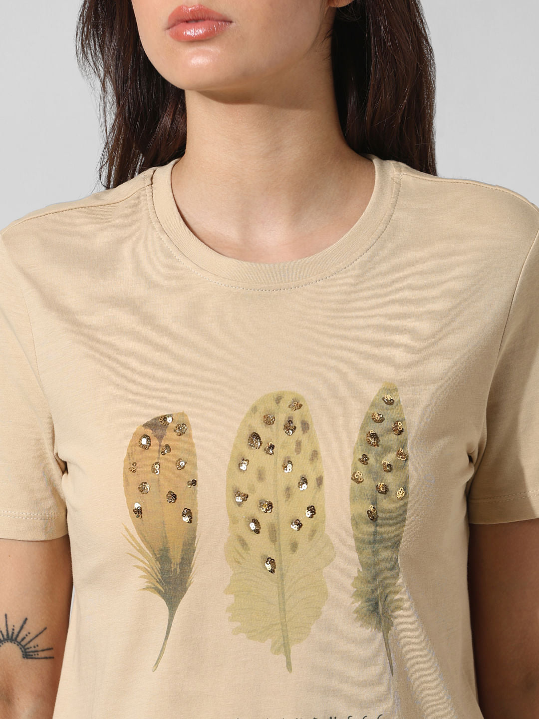 Beige Sequin Printed T-Shirt