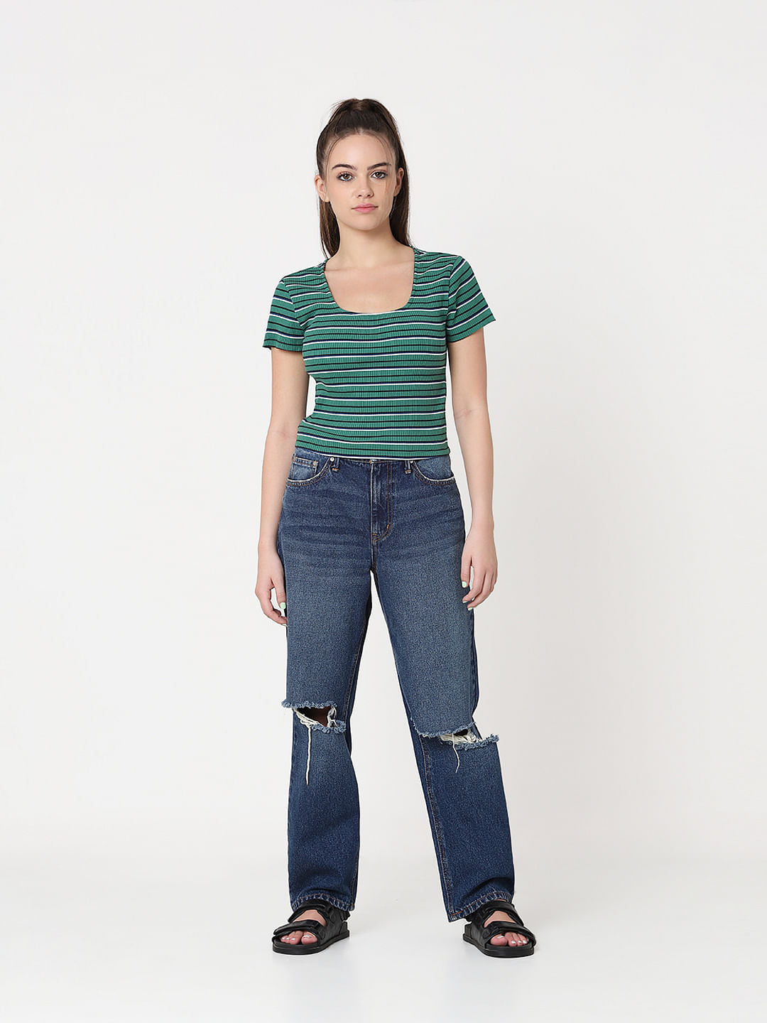 Green Striped Cropped Top