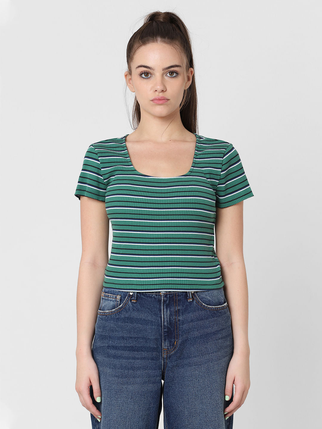 Green Striped Cropped Top