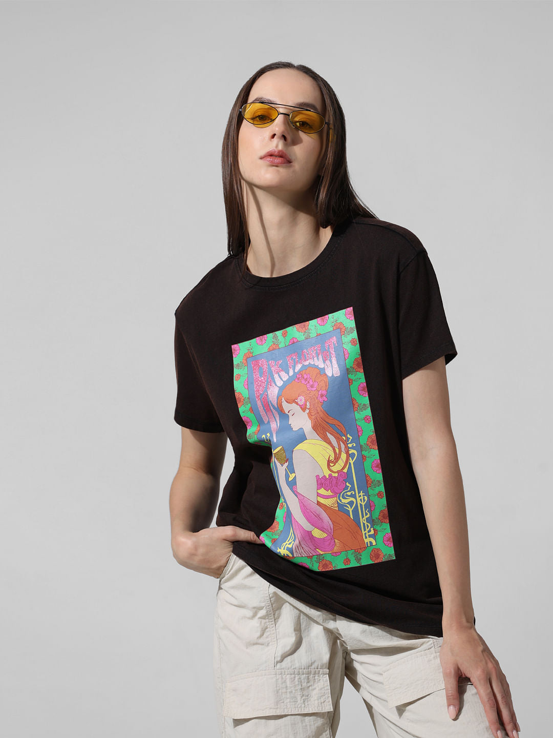 Black Printed Washed T-Shirt