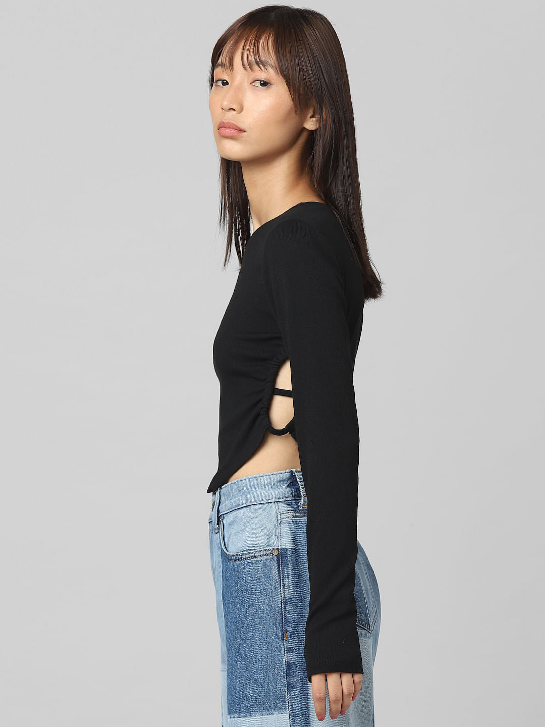 Black Ribbed Cut-Out T-Shirt