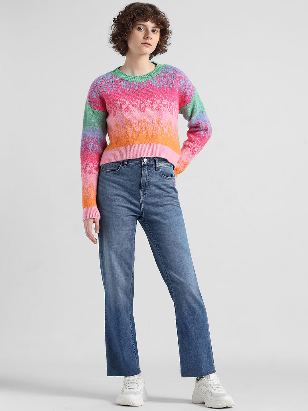 Pink Colourblocked Jacquard Knit Pullover