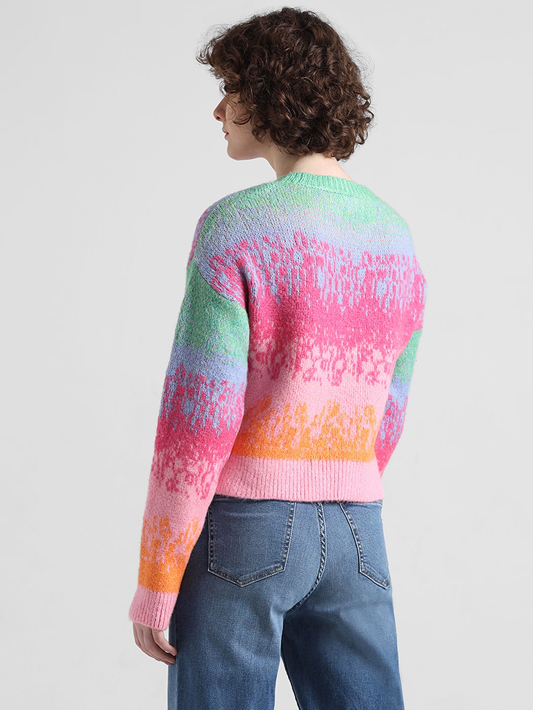 Pink Colourblocked Jacquard Knit Pullover