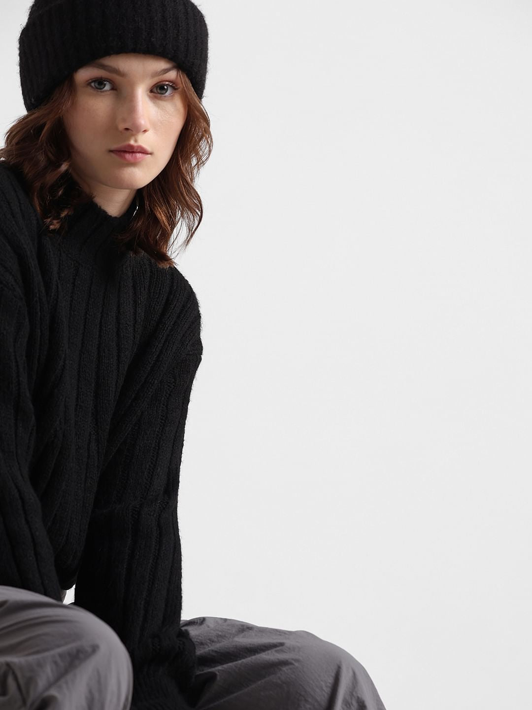 Black Cable Knit High-Neck Pullover