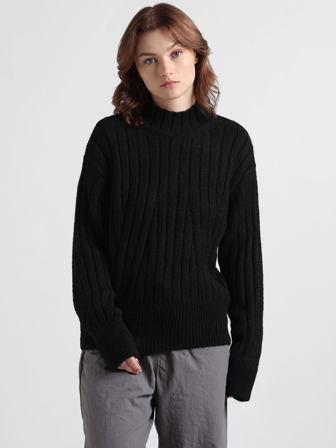 Black Cable Knit High-Neck Pullover
