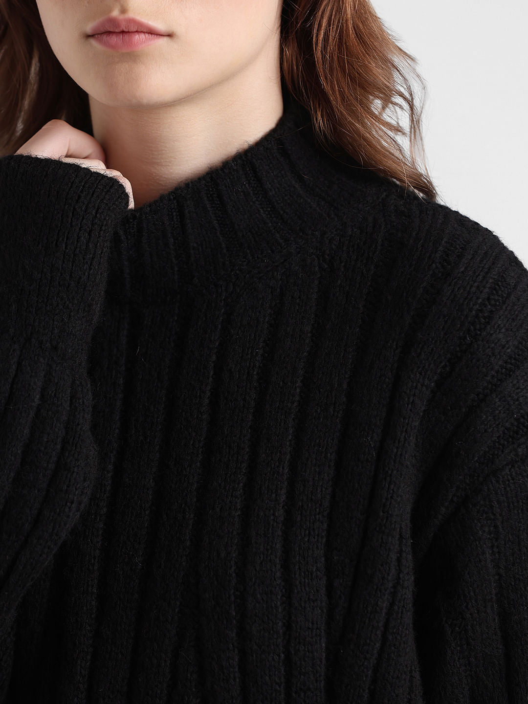 Black Cable Knit High-Neck Pullover