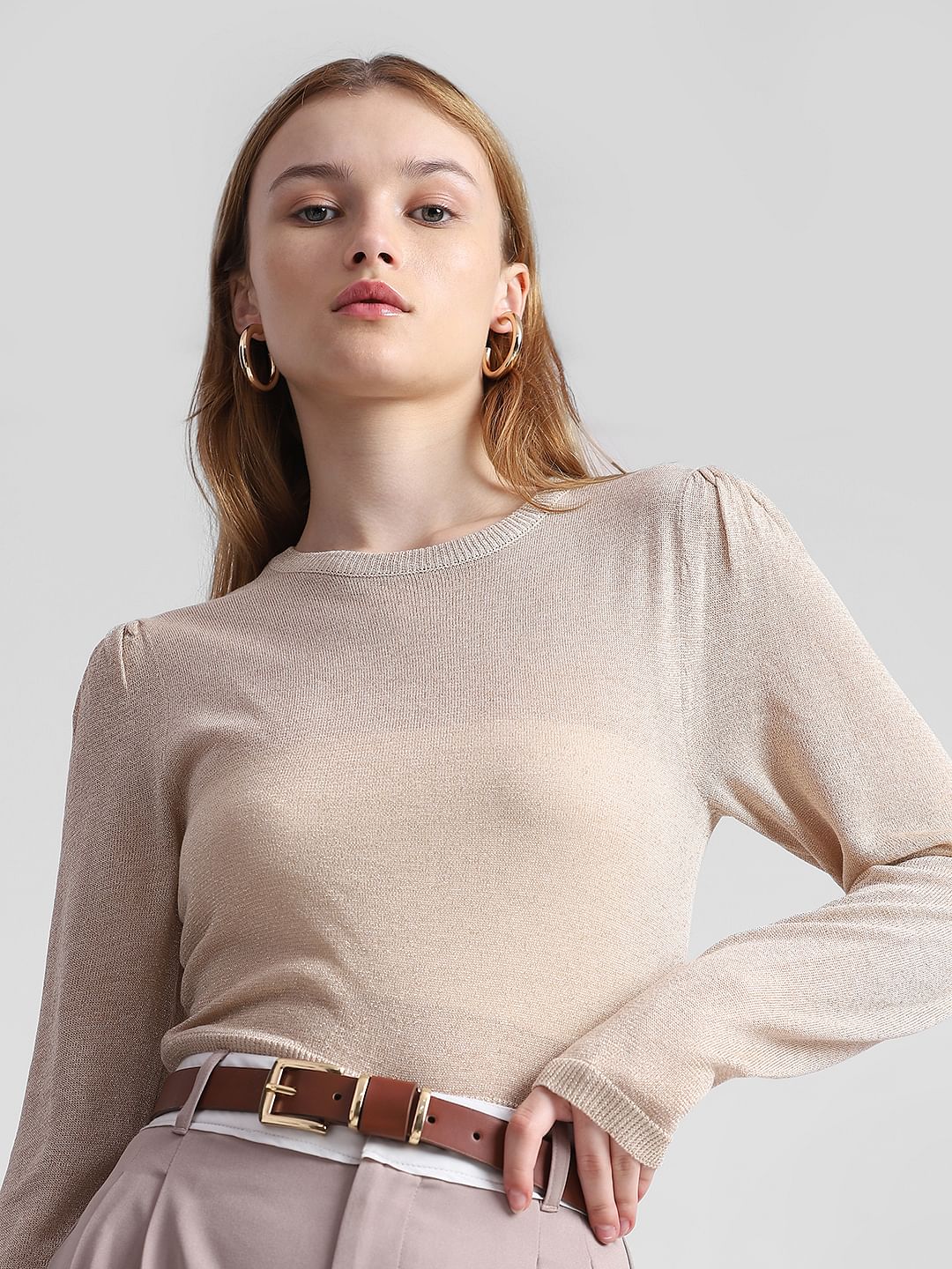 Beige Shimmer Structured Knit Pullover