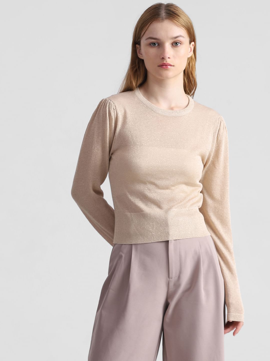 Beige Shimmer Structured Knit Pullover