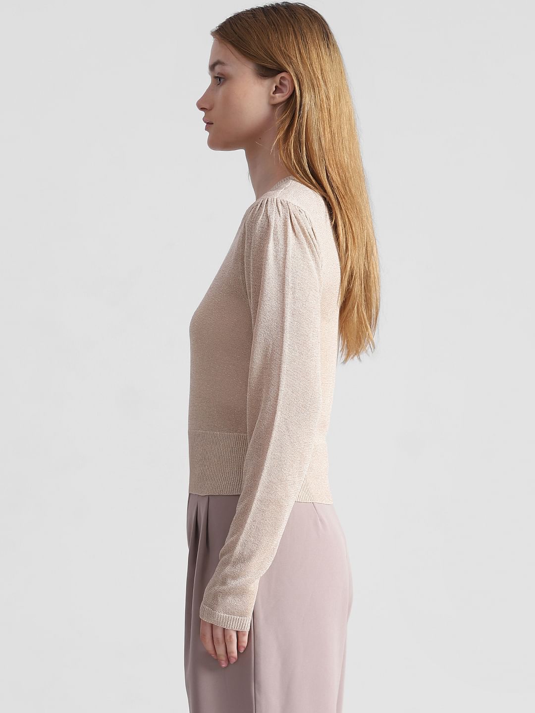 Beige Shimmer Structured Knit Pullover