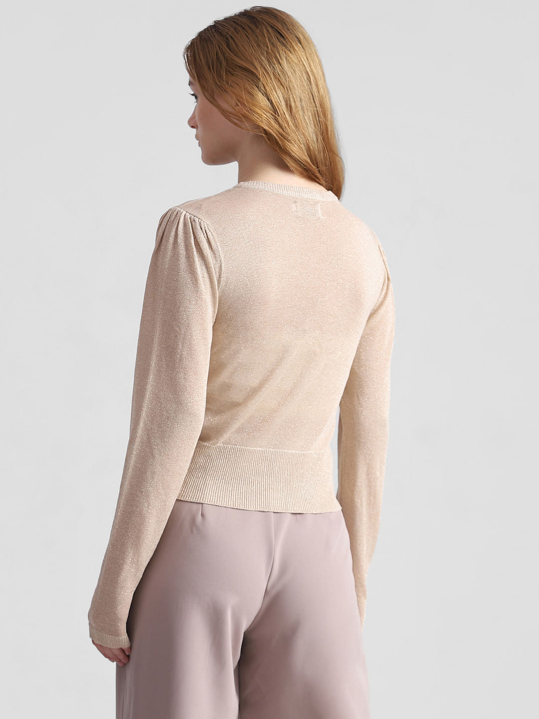 Beige Shimmer Structured Knit Pullover