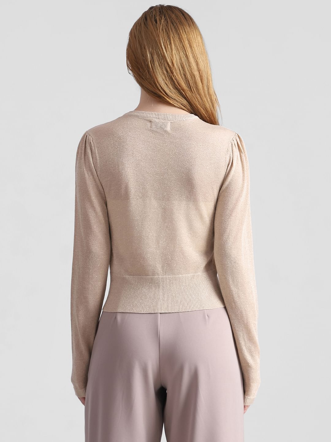 Beige Shimmer Structured Knit Pullover