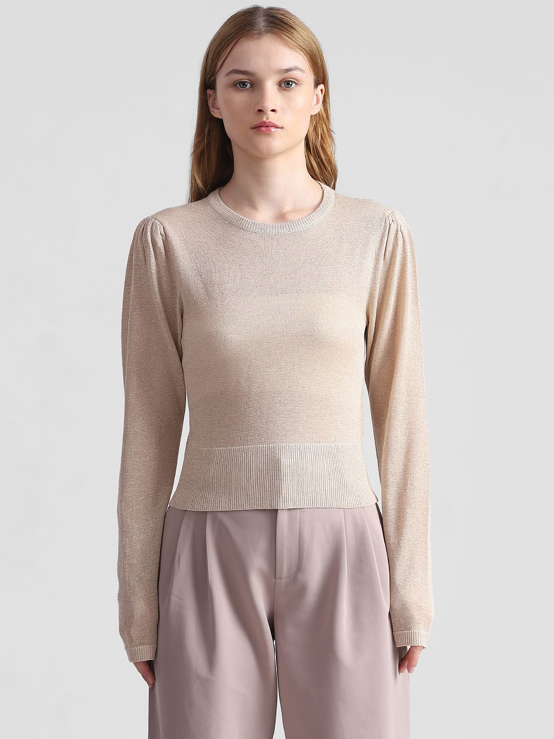 Beige Shimmer Structured Knit Pullover