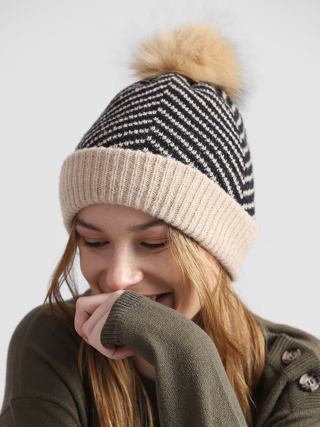 Cream Printed Rib-Knit Beanie