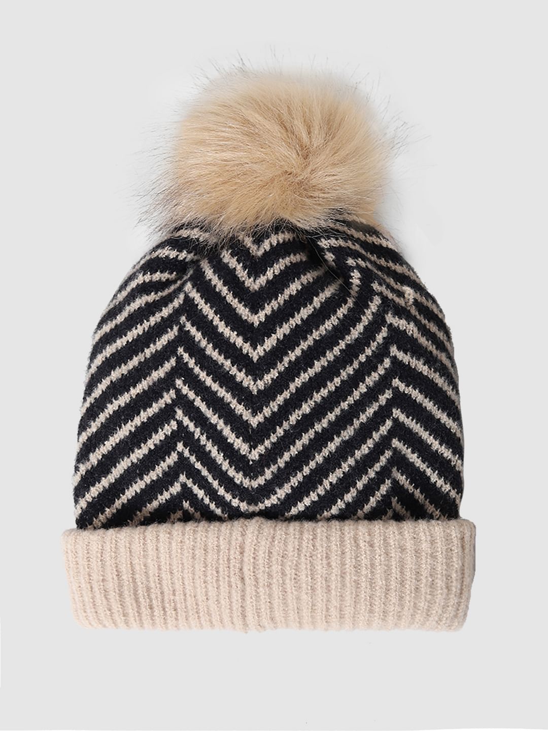 Cream Printed Rib-Knit Beanie