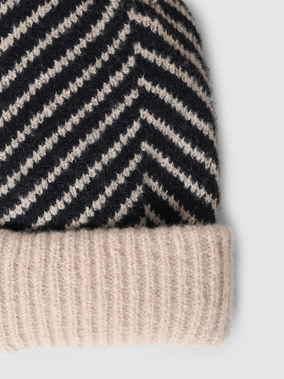 Cream Printed Rib-Knit Beanie
