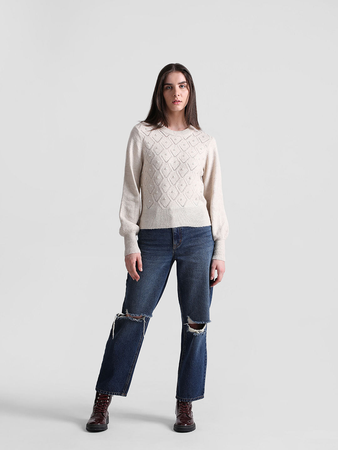 Beige Pearl Embellished Pullover