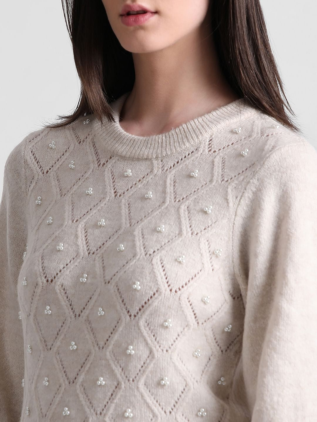 Beige Pearl Embellished Pullover