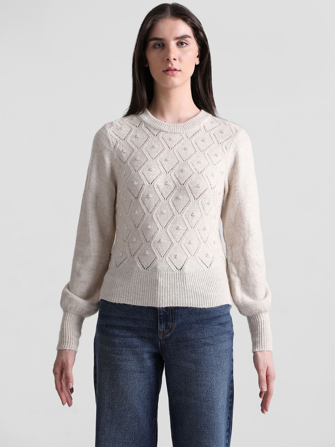 Beige Pearl Embellished Pullover