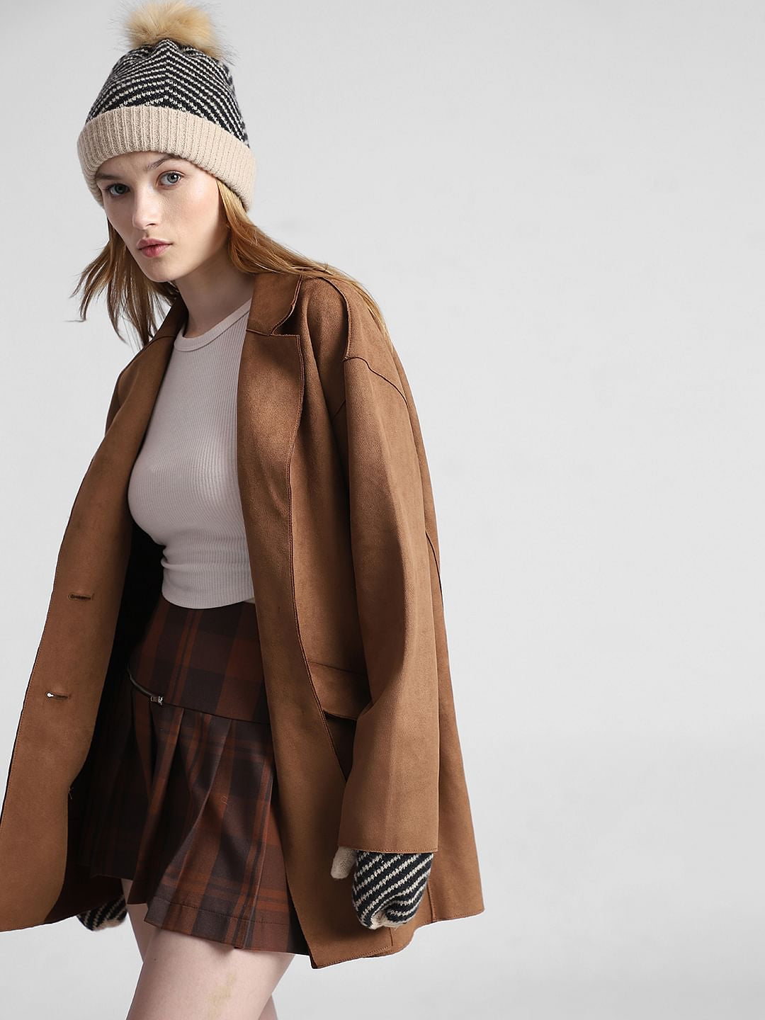 Brown Faux Suede Long Blazer