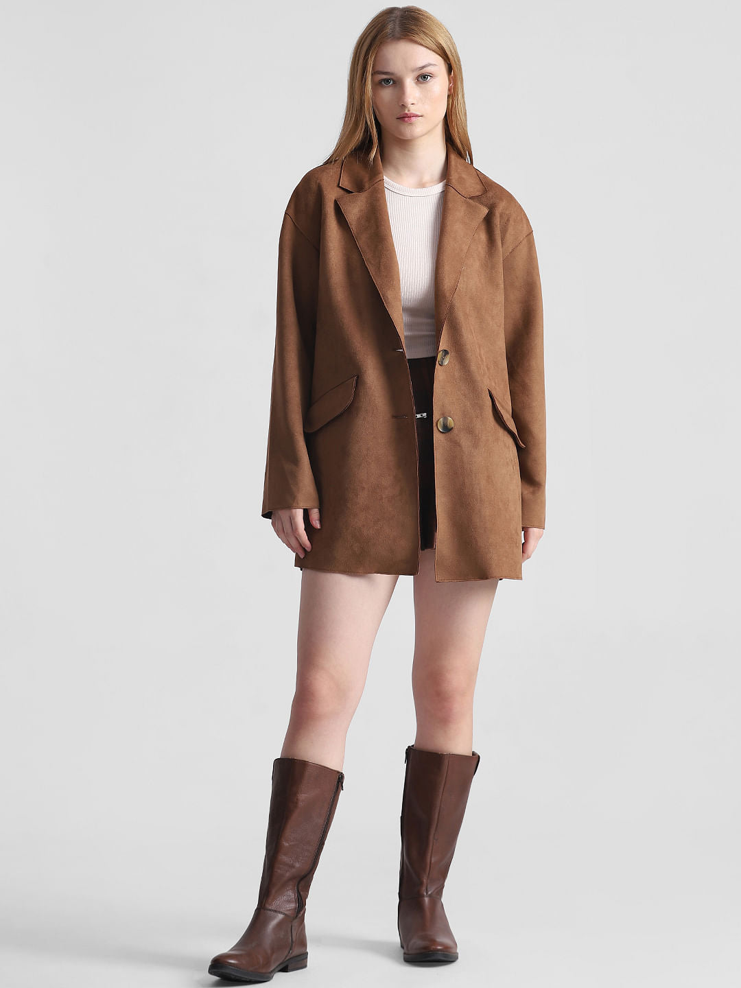 Brown Faux Suede Long Blazer