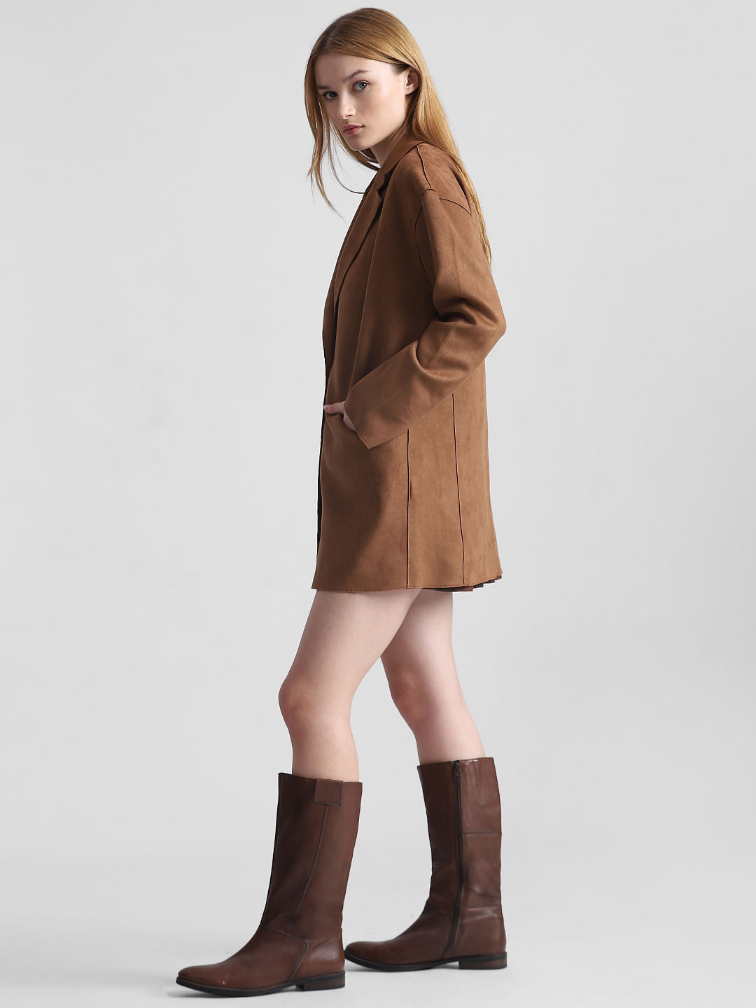 Brown Faux Suede Long Blazer
