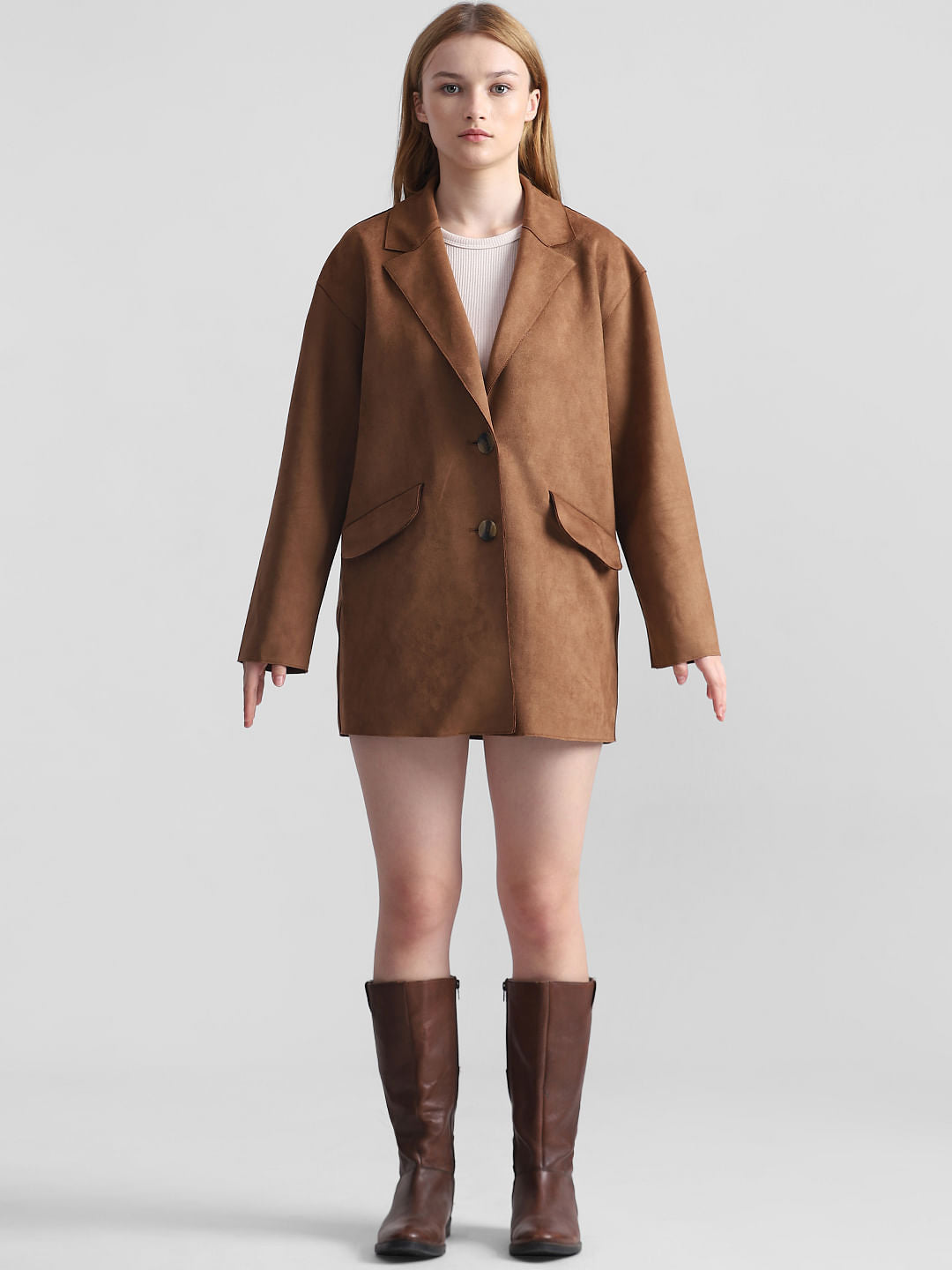 Brown Faux Suede Long Blazer