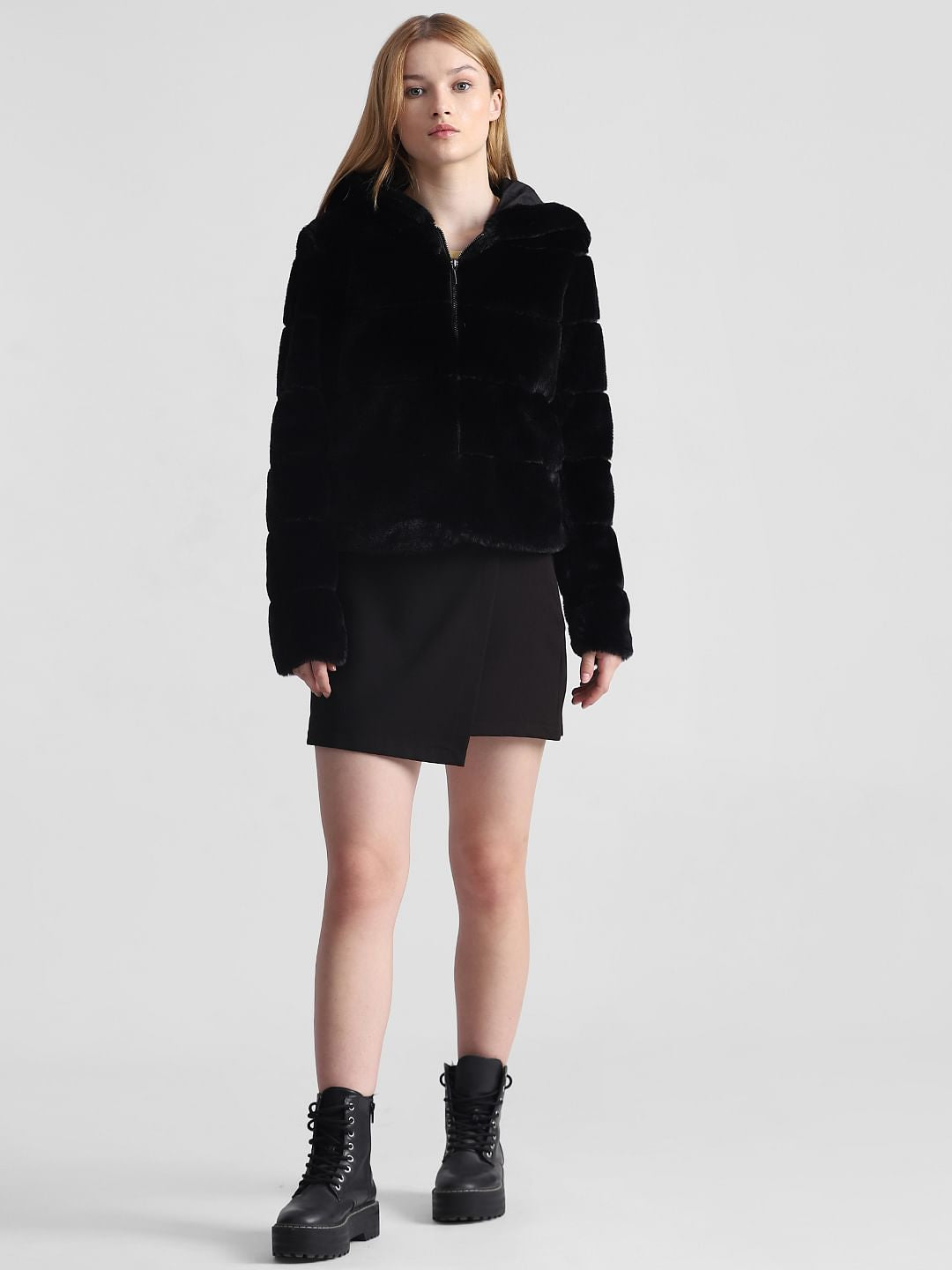 Black Faux Fur Hooded Jacket