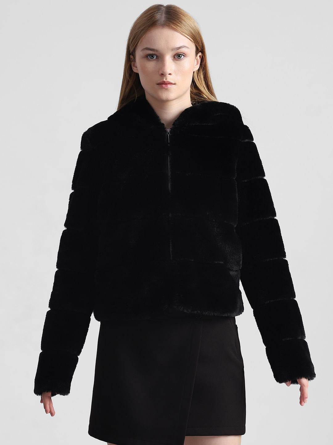Black Faux Fur Hooded Jacket