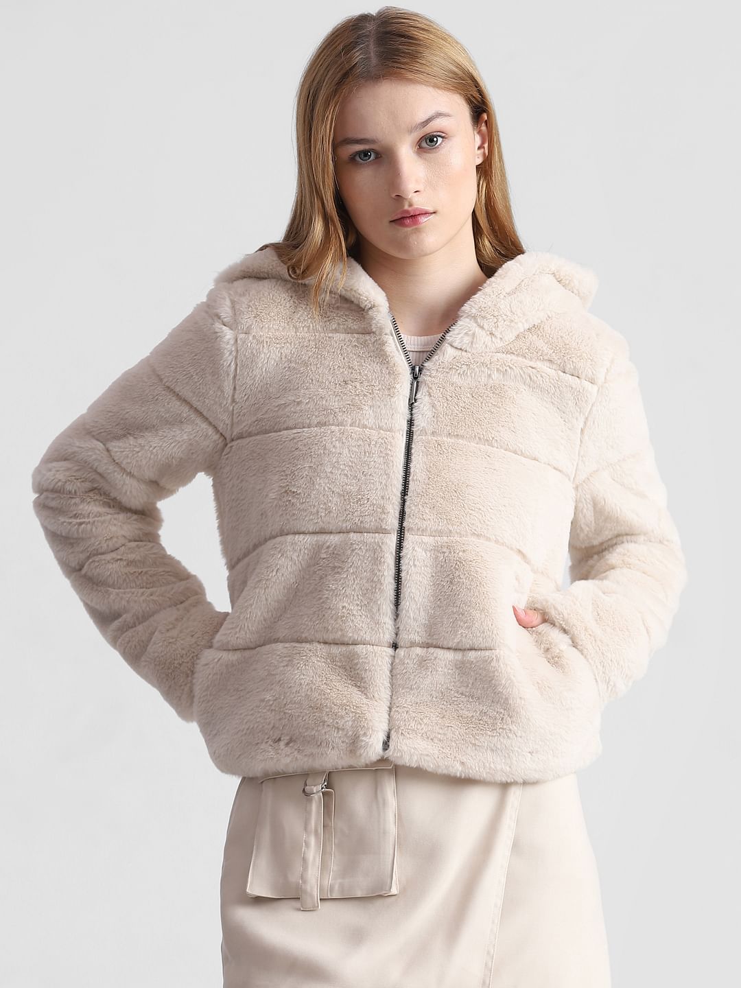 Beige Faux Fur Hooded Jacket