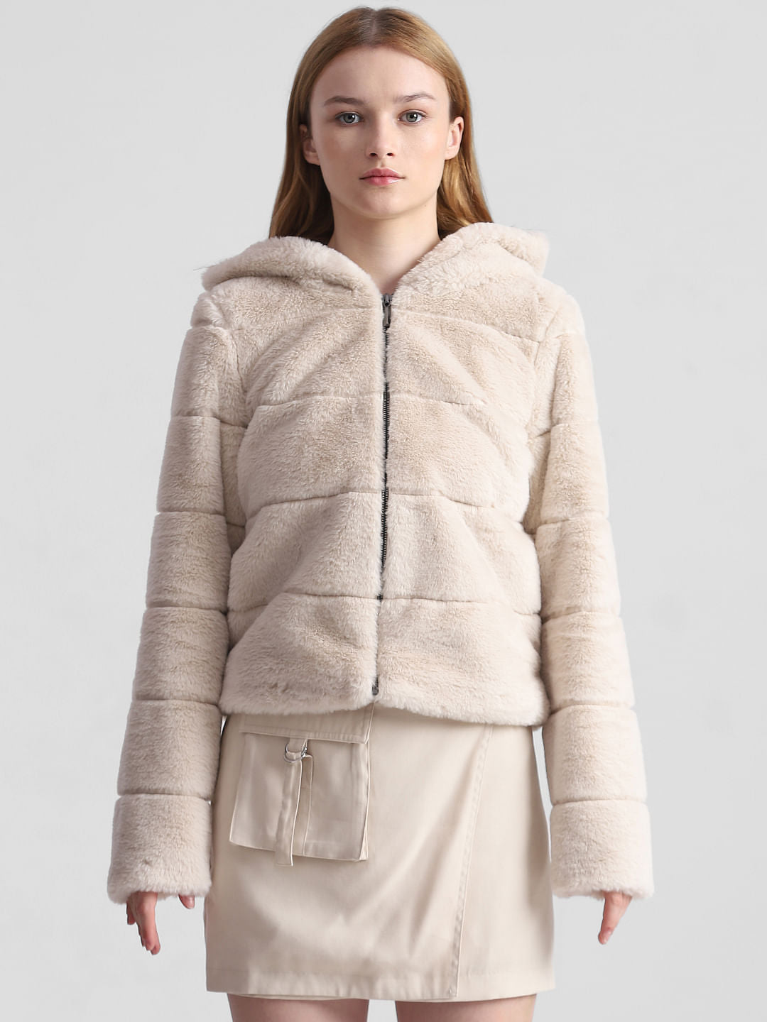 Beige Faux Fur Hooded Jacket