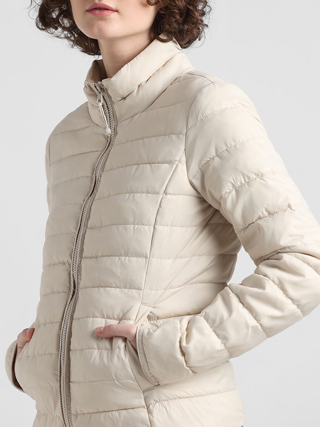 Beige Quilted High Neck Puffer Jacket