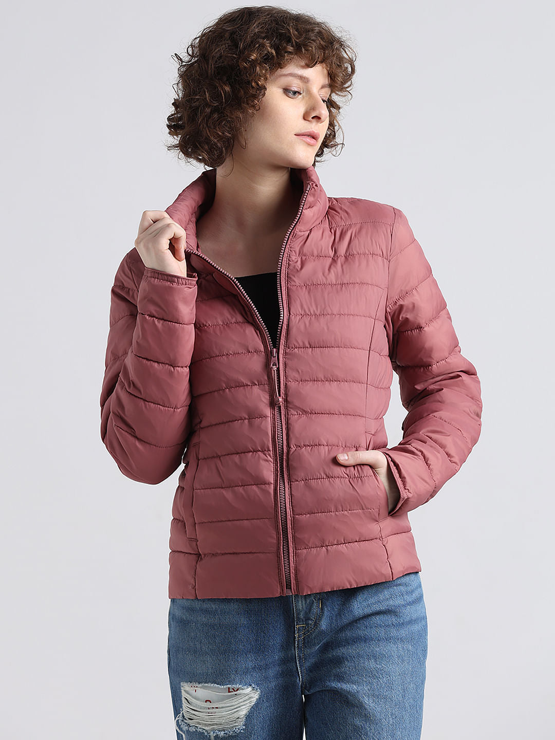 Pink Quilted High Neck Puffer Jacket