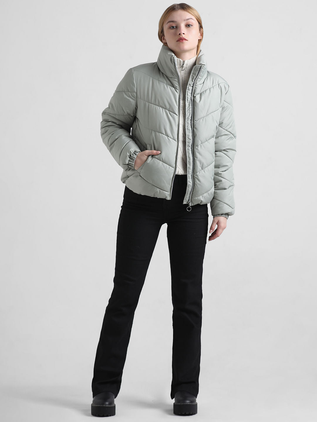 Green High Neck Padded Puffer Jacket