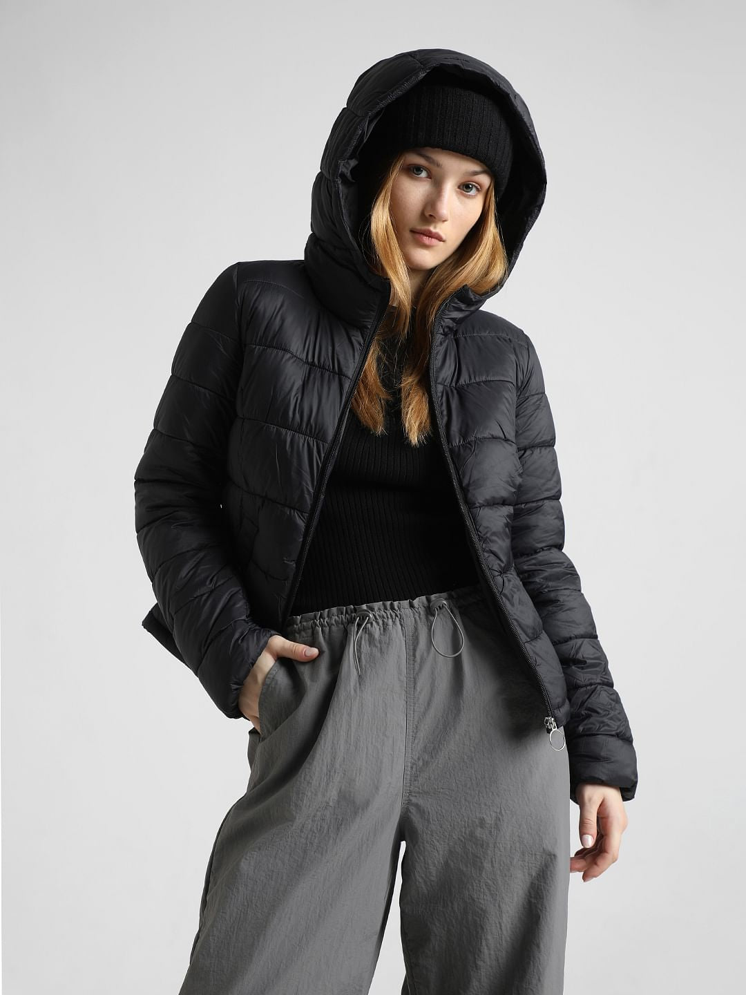 Black Hooded Short Puffer Jacket