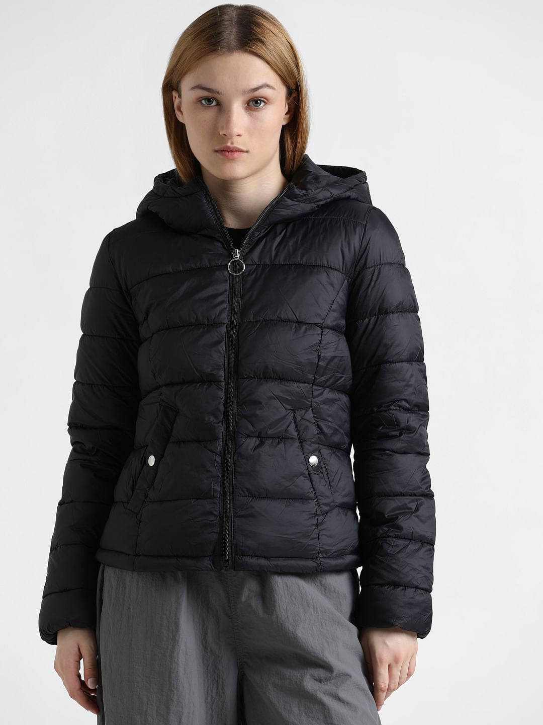 Black Hooded Short Puffer Jacket