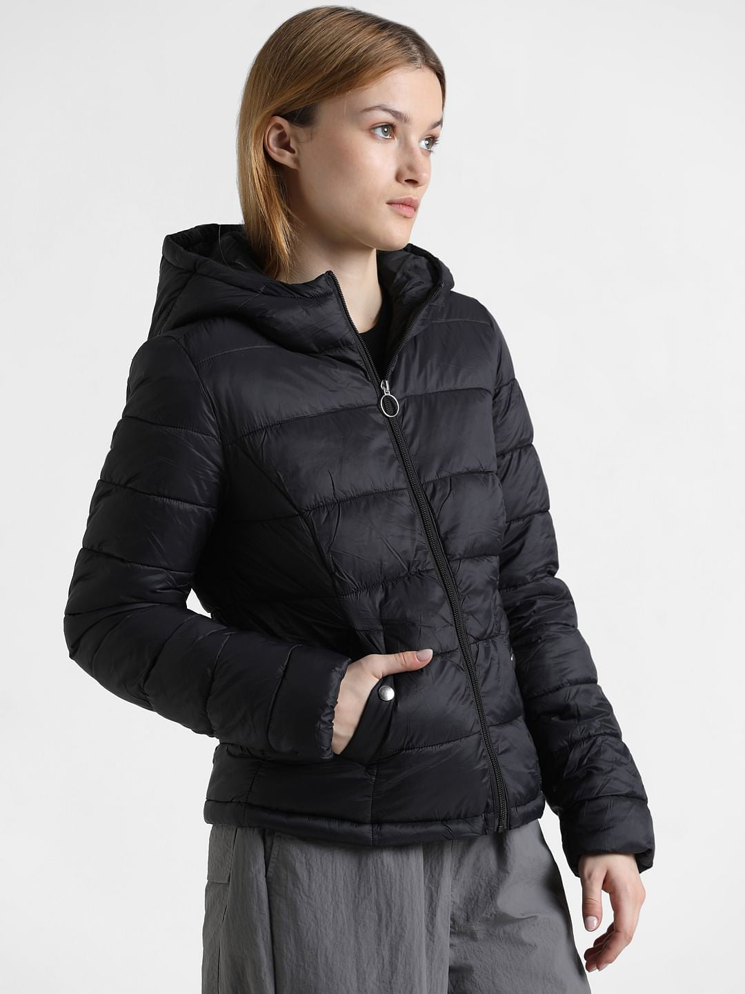 Black Hooded Short Puffer Jacket