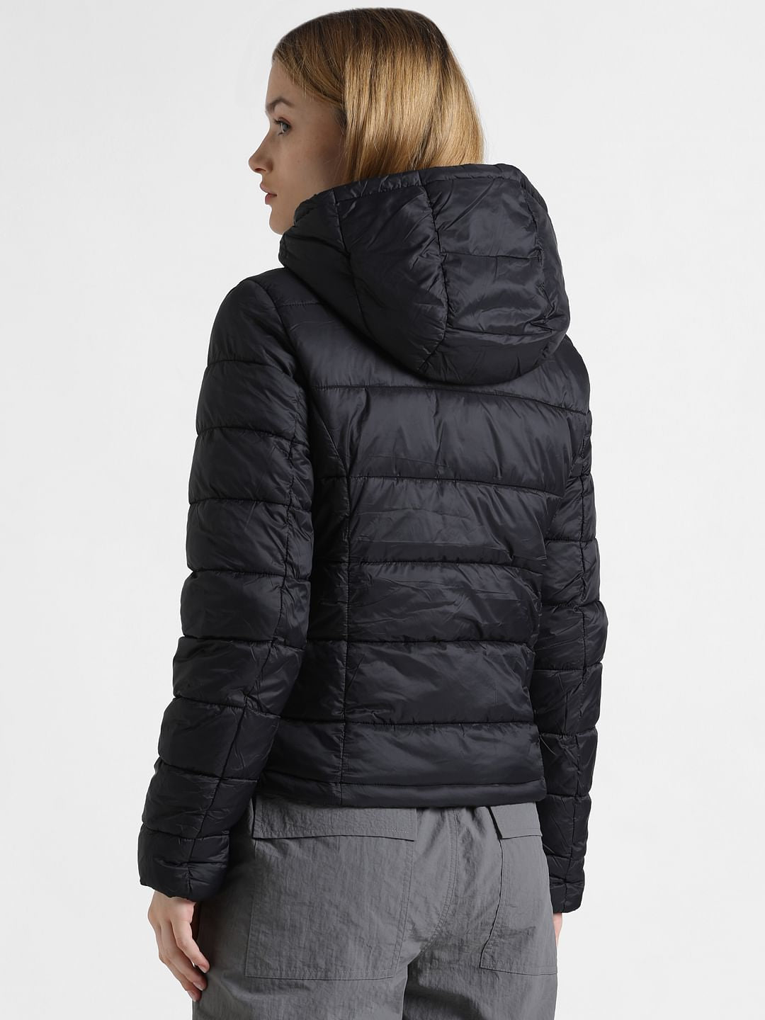 Black Hooded Short Puffer Jacket