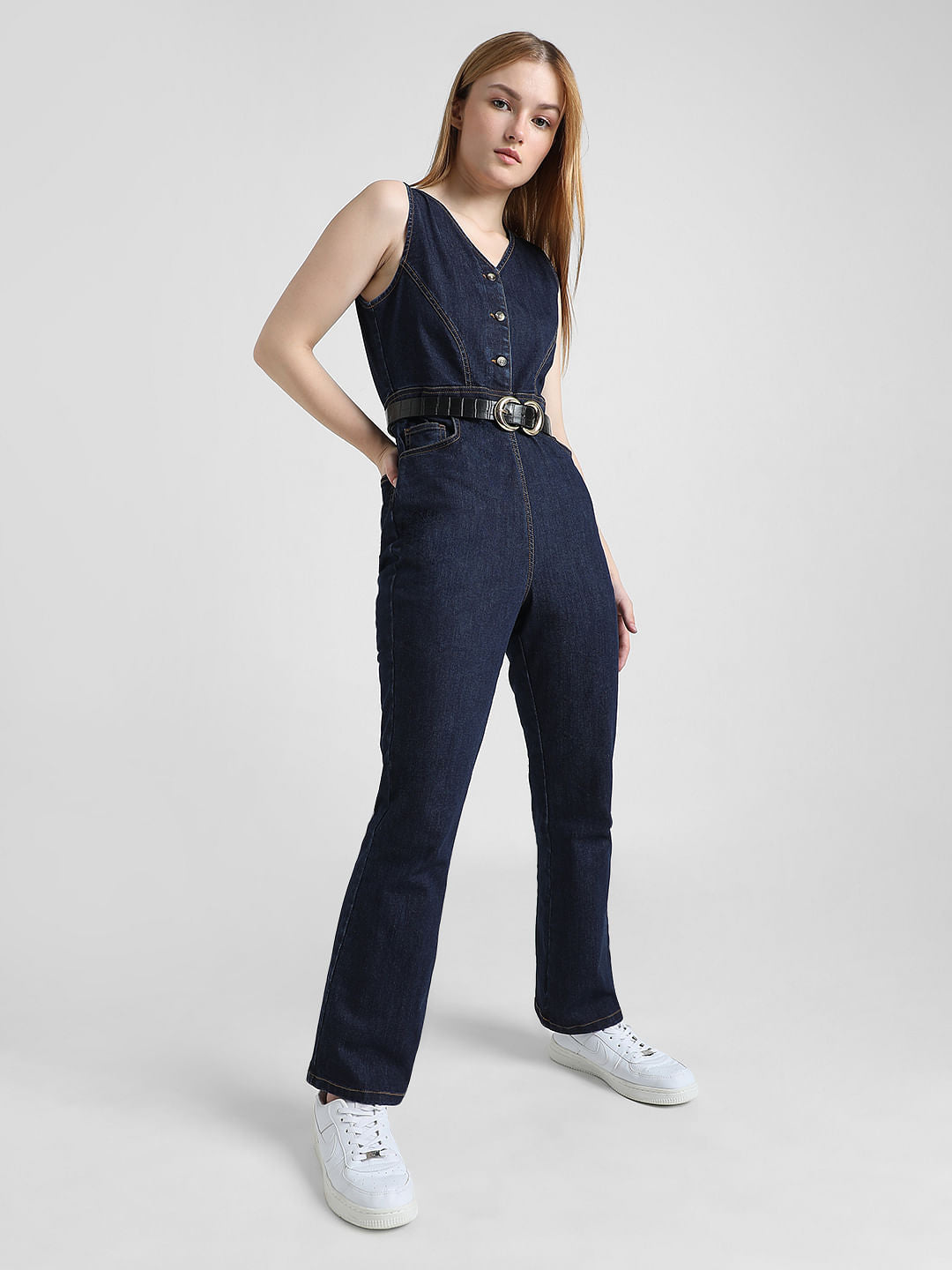Dark Blue V-Neck Denim Jumpsuit
