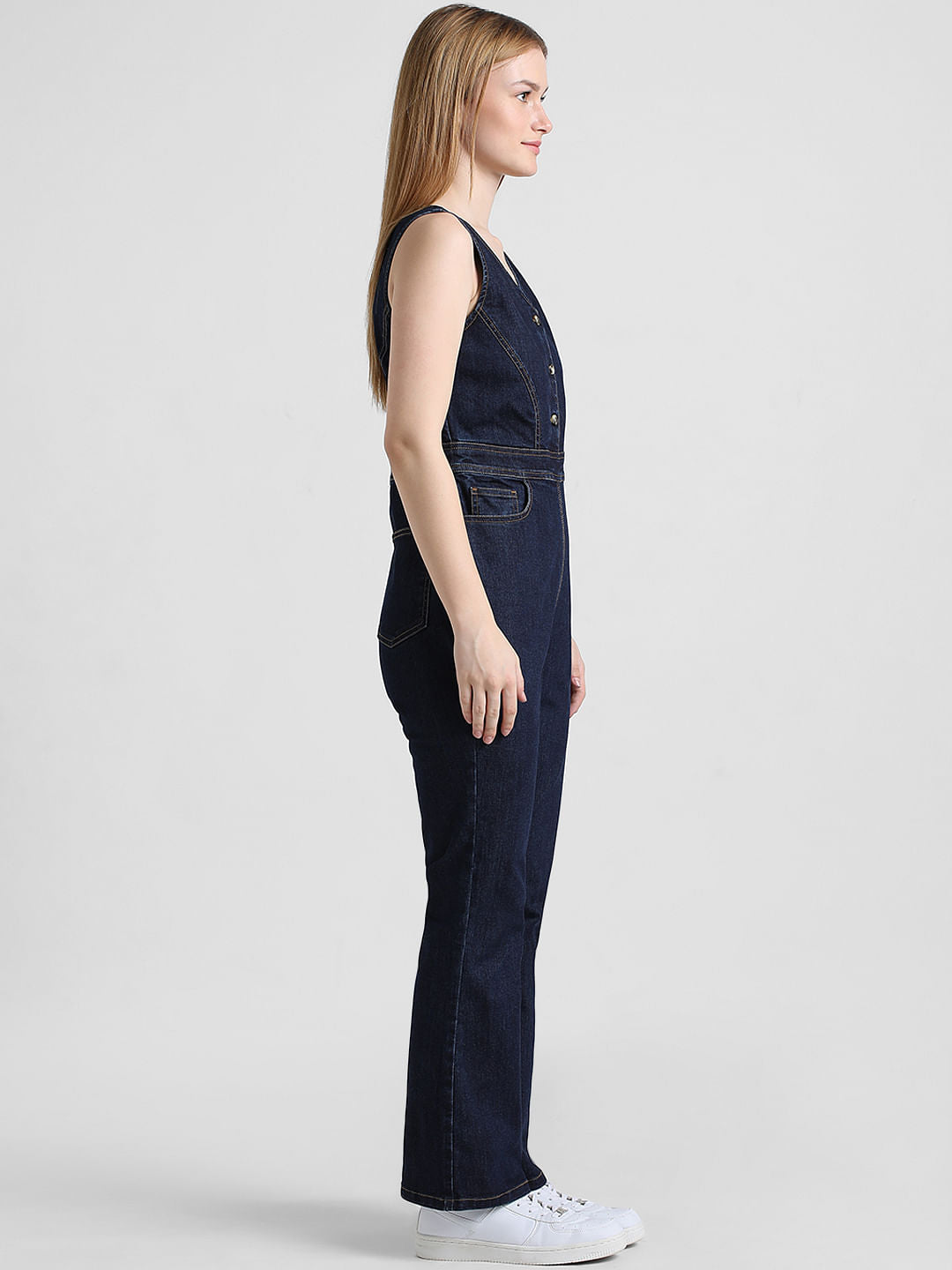 Dark Blue V-Neck Denim Jumpsuit