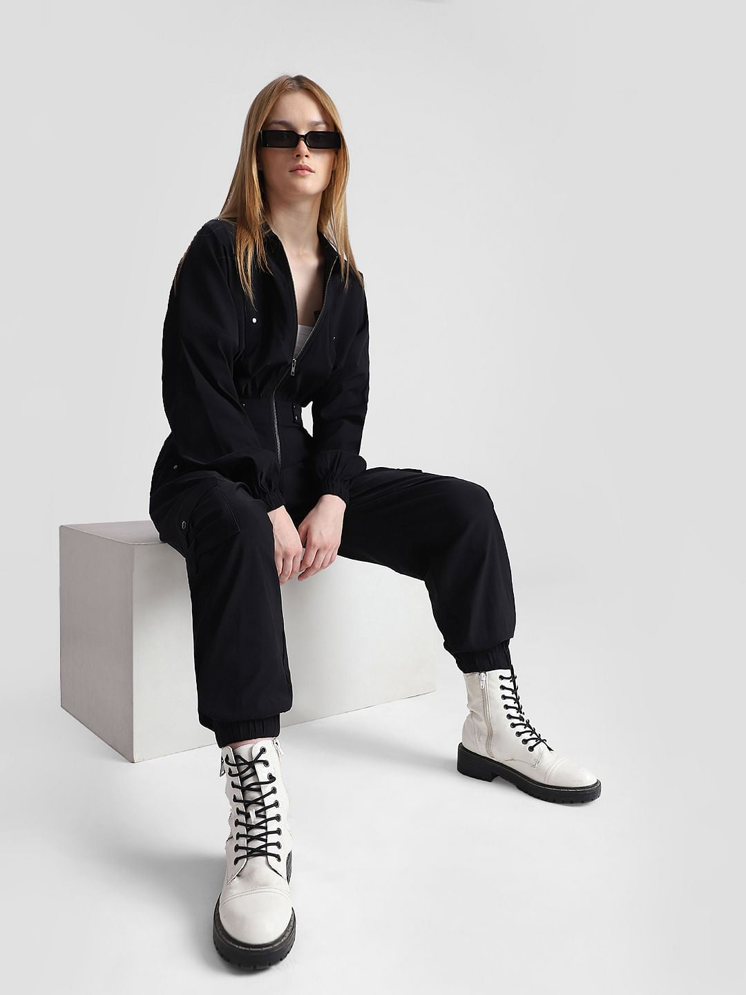 Black Cargo Zip-Up Jumpsuit