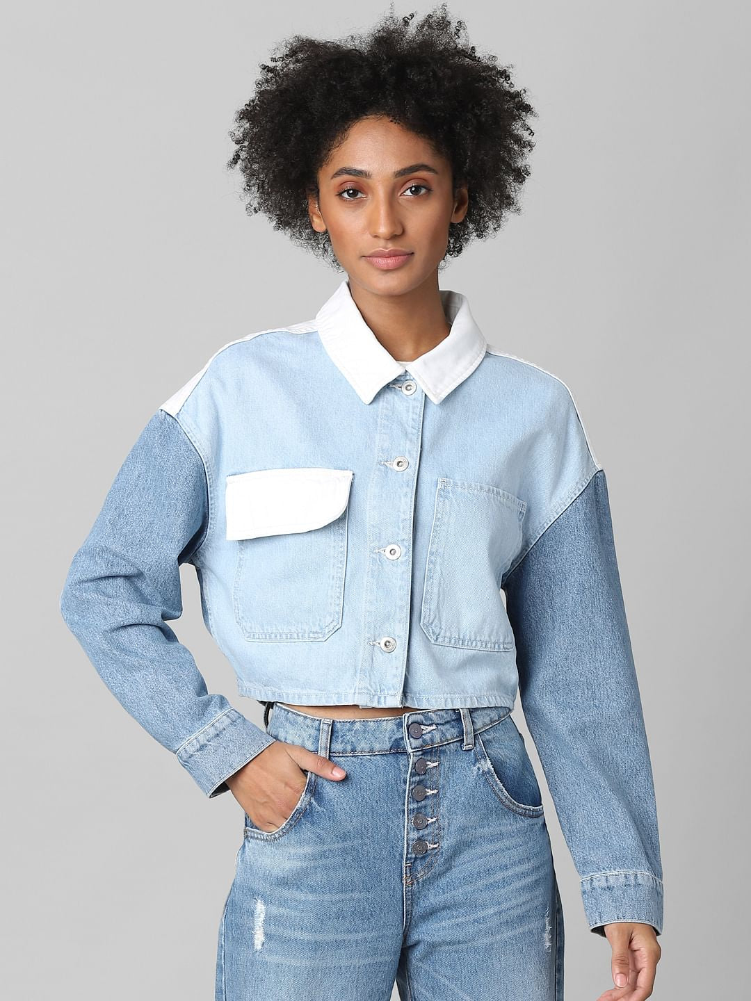 Blue Colourblocked Denim Jacket